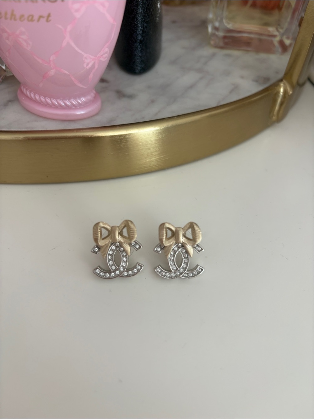 CHANEL Gold Bow Crystal CC Logo Earrings